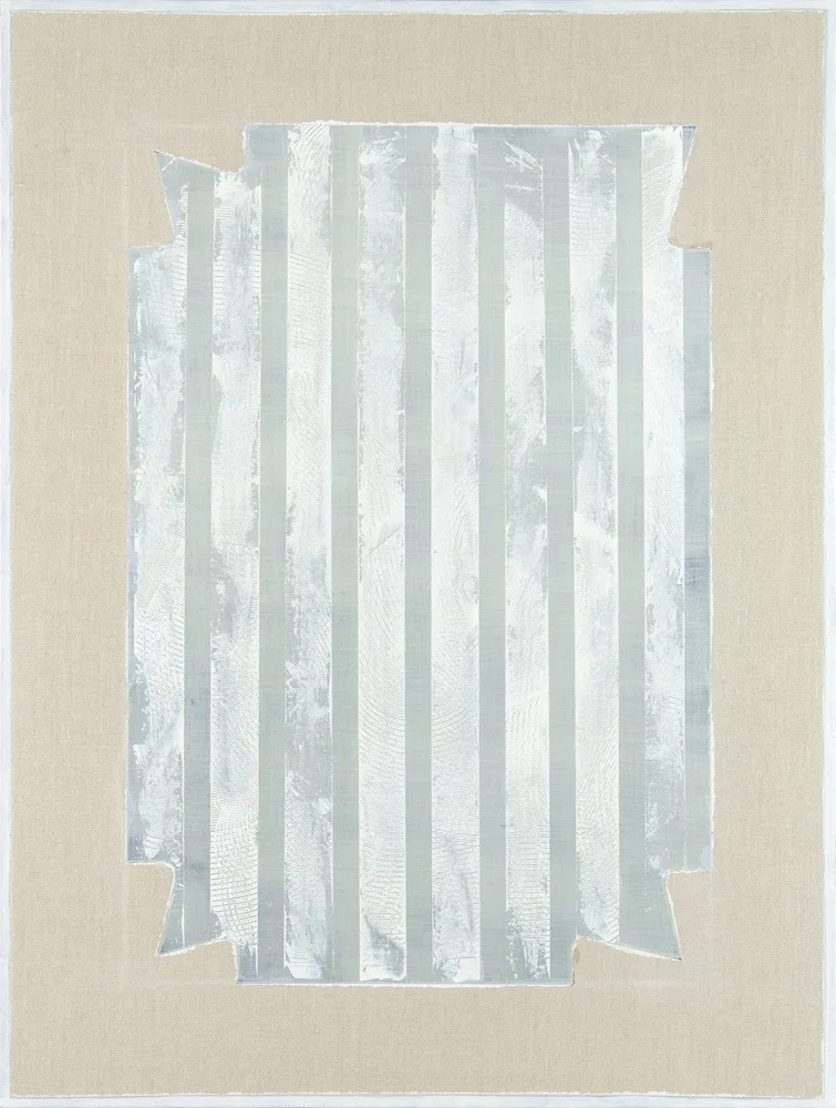 Stefano Cumia, Striato #3 (SCP - ST WBWBW 7K), 2014. Egg tempera, oil, pigmented gesso on linen · 80 × 60 cm
