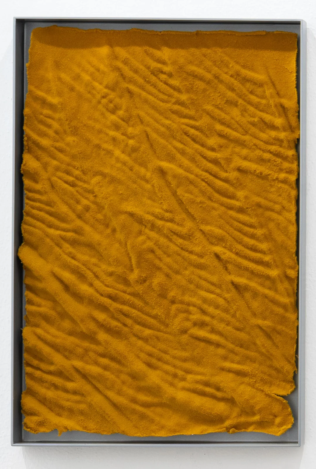 Loris Cecchini, Laminascapes - Gold-Green, 2024. Polyester fibres, handmade Japanese paper, aluminium frame · 51.5 × 34.5 × 4 cm