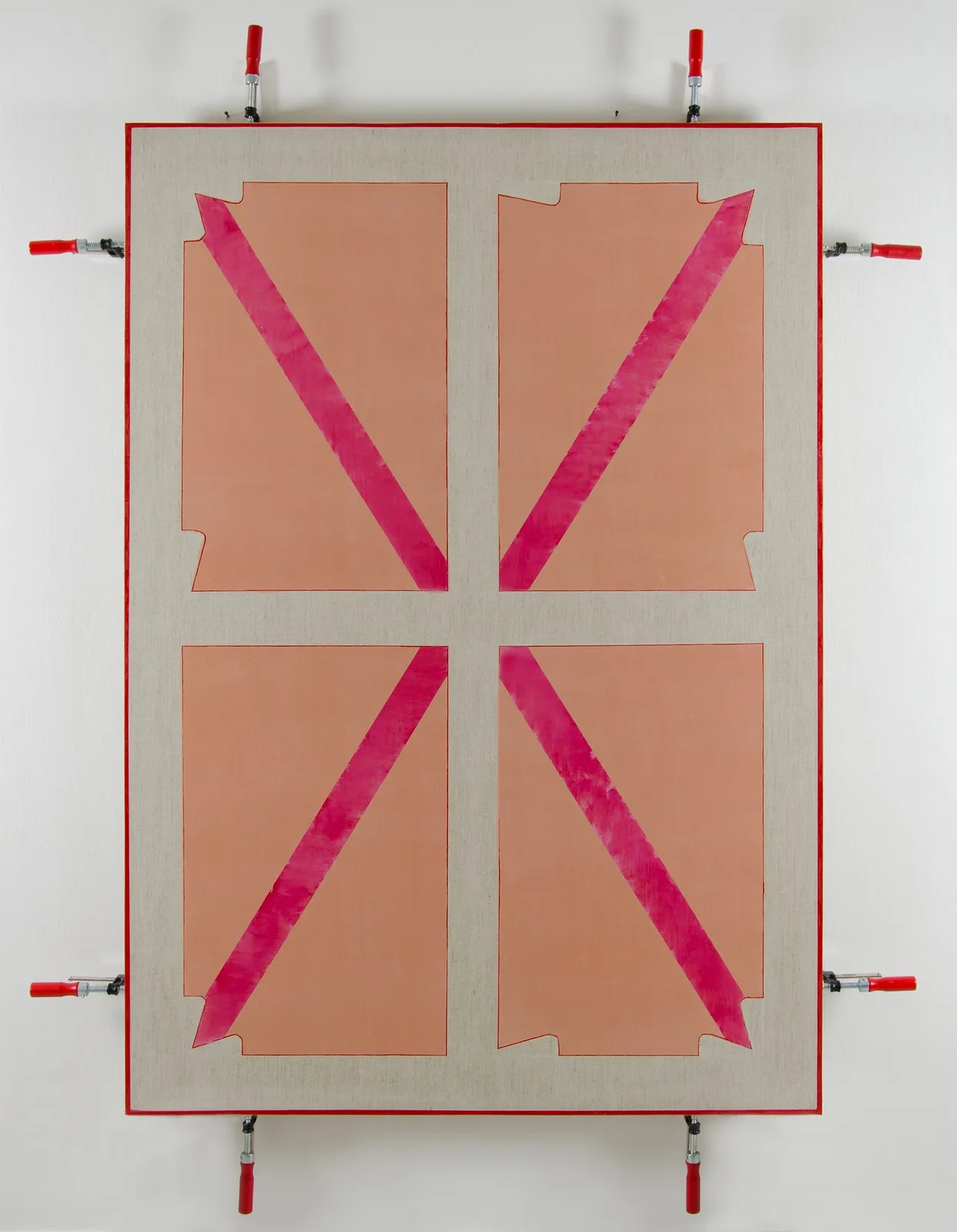 Stefano Cumia, Clamp (SCP X +2), 2014. Egg tempera, oil, pigmented gesso on linen, 8 clamps · 178 × 133 cm