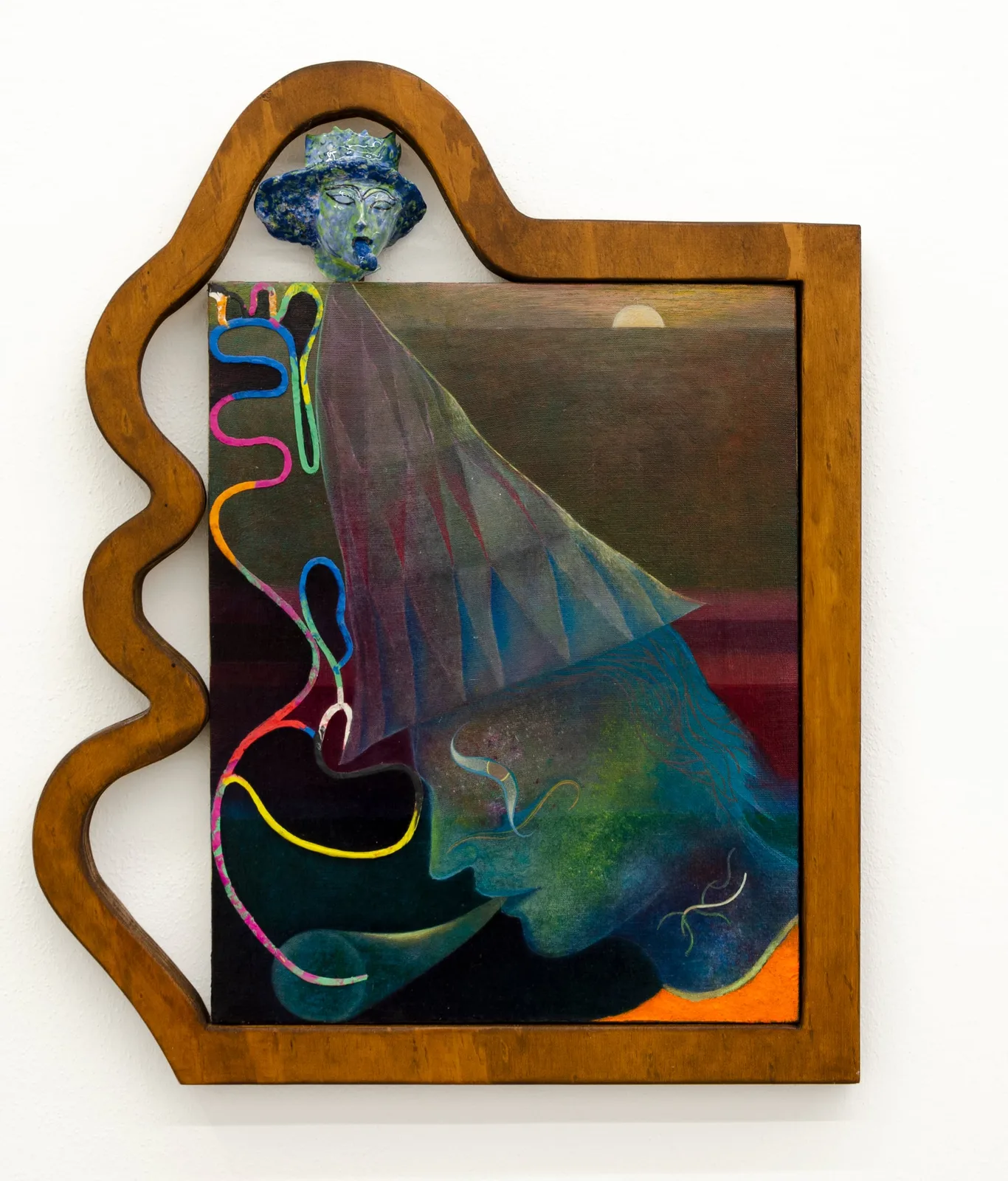 Mattia Sinigaglia, God's tattoo in Do minore, 2021. Oil, modelling paste on linen, ceramic, wood · 70 × 56.5 cm