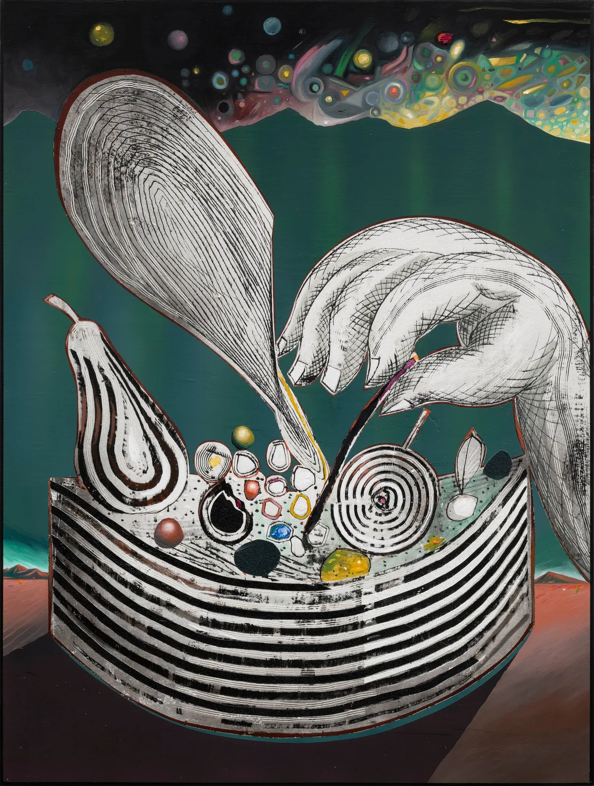 Mattia Barbieri, The secret over the fireworks, 2025. Oil and tempera on wood · 98 × 74 cm