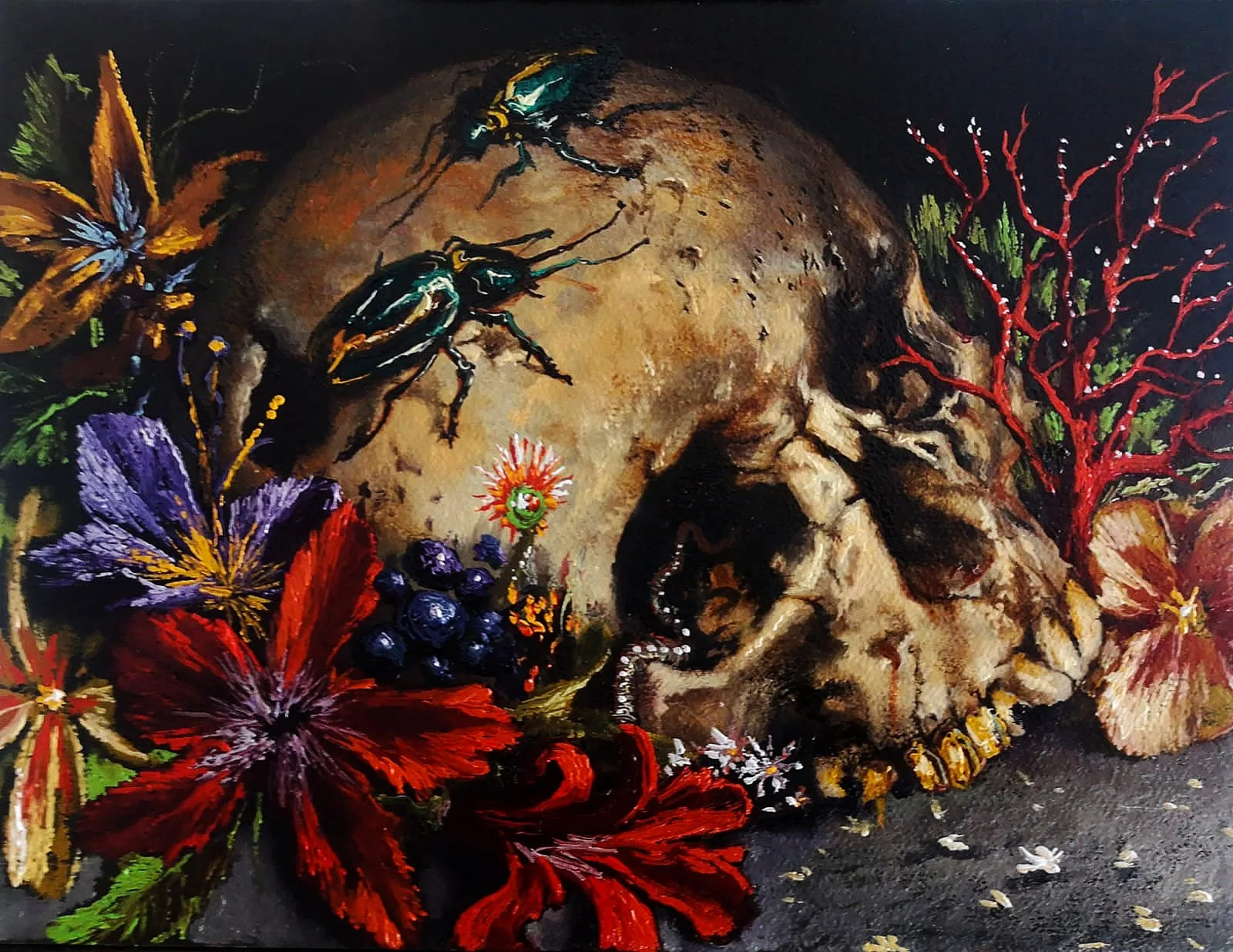 Francesco De Grandi, Crapina con scarabei e corallo, 2022. Oil on canvas · 18 × 24 cm