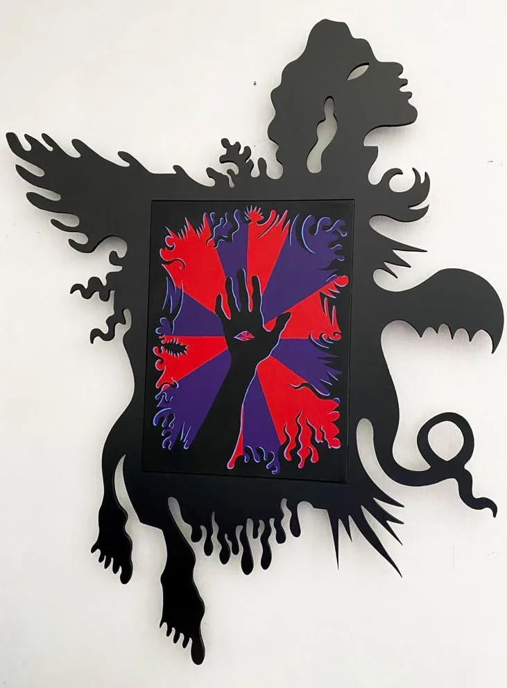 Jimmy Milani, Il crepuscolo degli idoli, 2020. Acrylic on canvas and shaped Forex · 128 × 104 cm