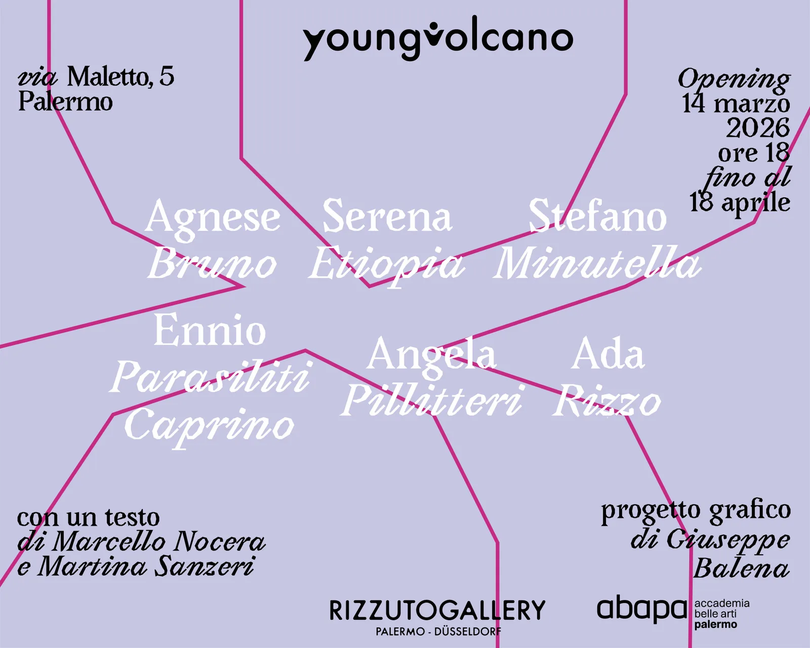 YoungVolcano 8, Agnese Bruno, Serena Etiopia, Stefano Minutella, Ennio Parasiliti Caprino, Angela Pillitteri, Ada Rizzo, RizzutoGallery Palermo